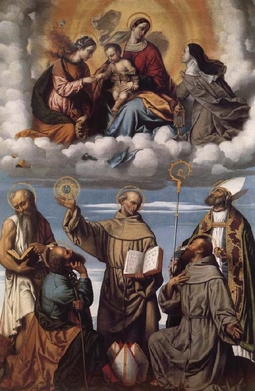 MORETTO da Brescia Saint Bernardino with Saints Jerome,Joseph,Francis and Nicholas of Bari,Virgin and Child in Glory with Saints Catherine of Alexandria and Clare Norge oil painting art